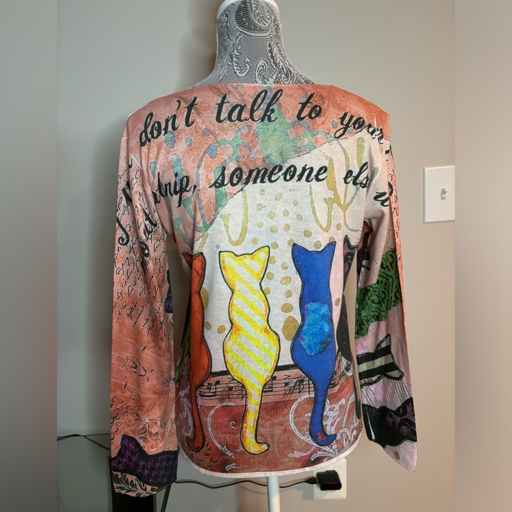 Women's Long Sleeve Cat Print Tee - Multi - Picture 2 of 7